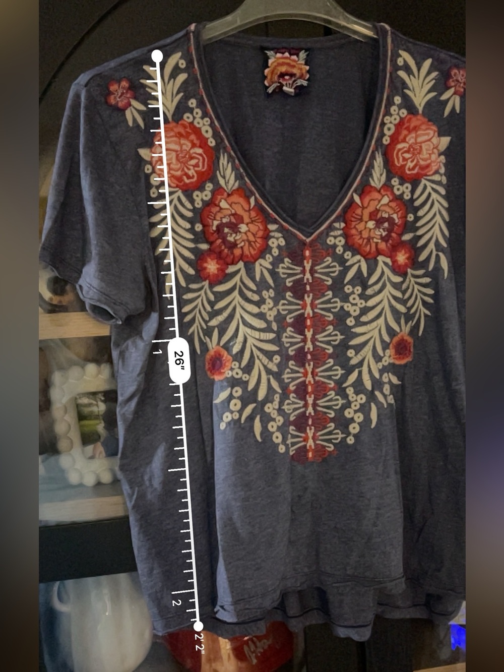 Johnny Was Blue Short Sleeve V-Neck Top with Red/Beige Floral Embroidery XL - Picture 12 of 14